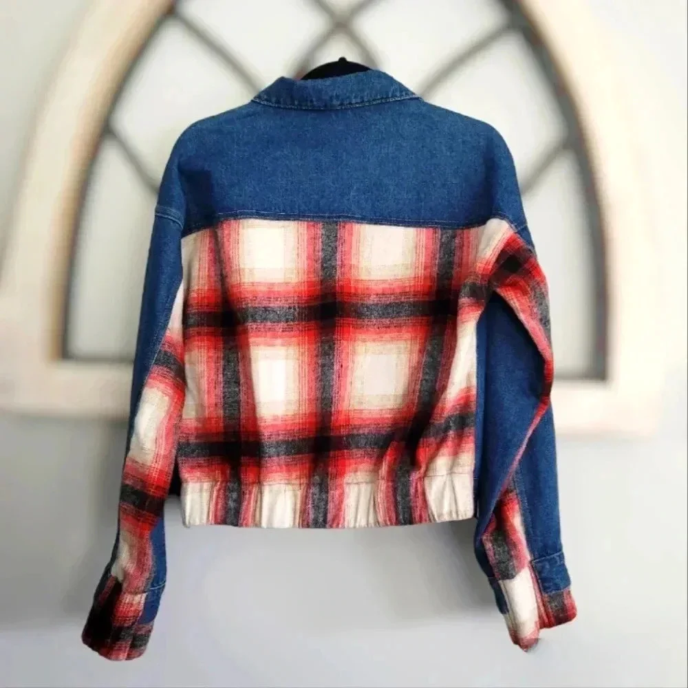 BKE Buckle Brushed Wool Blend Plaid Denim Jacket Sz S